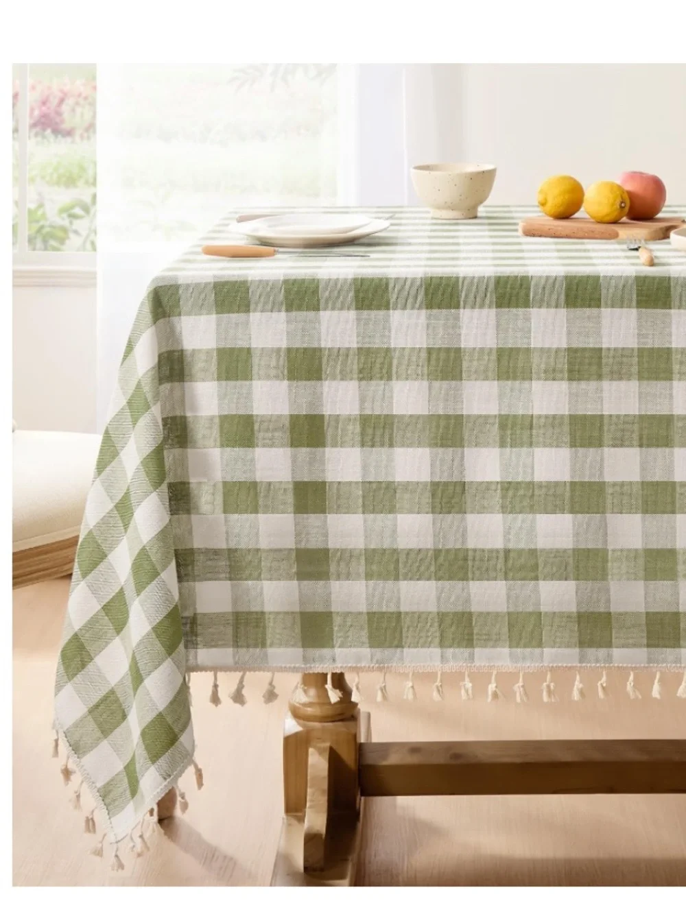 Gingham Tablecloth Tassel Trim Wrinkle-Free Rectangular 55x84” SAGE GREEN